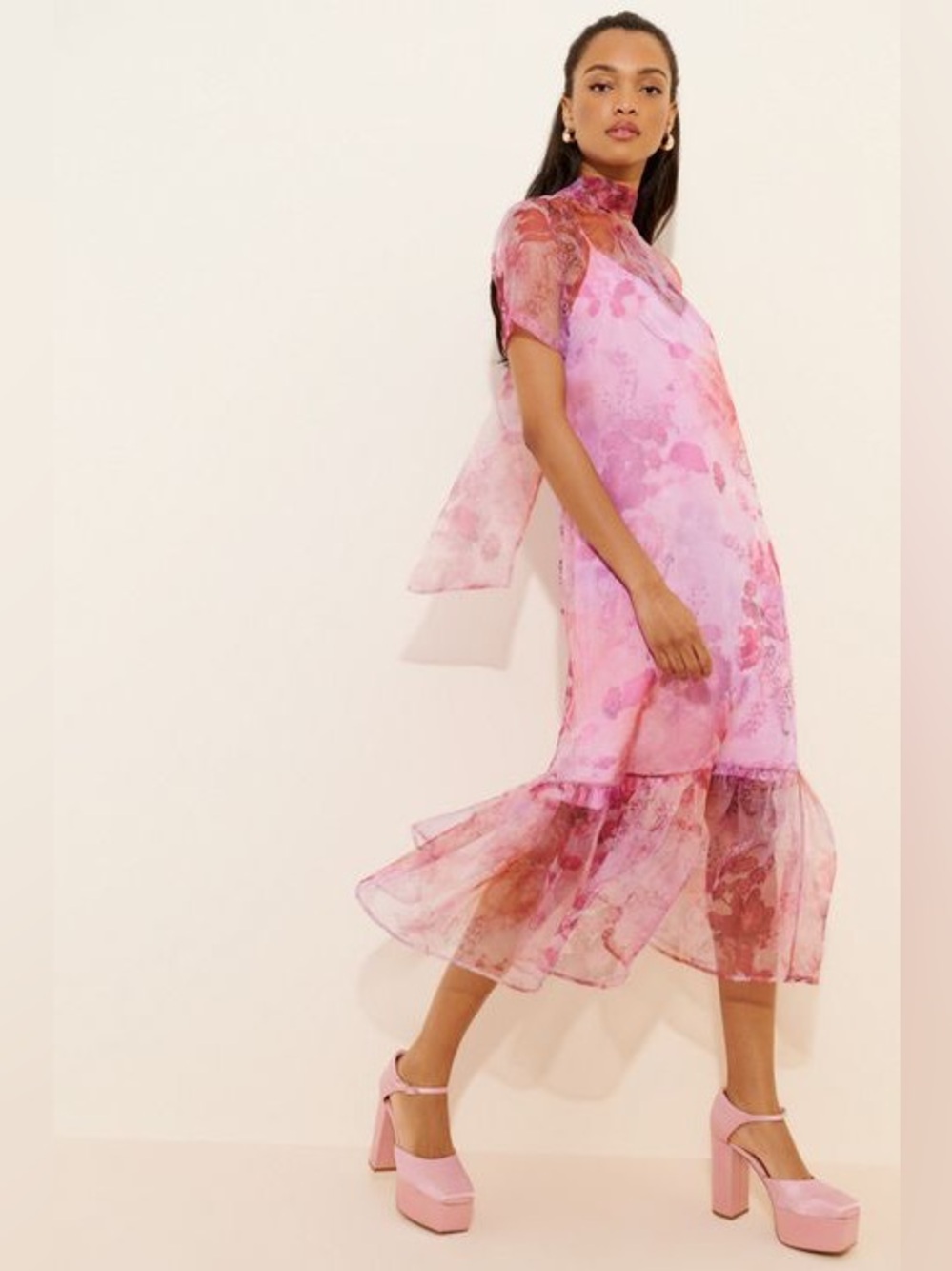 Anthropologie BHLDN Charlotte Organza Midi Dress Pink Floral High Neck Sz: XS